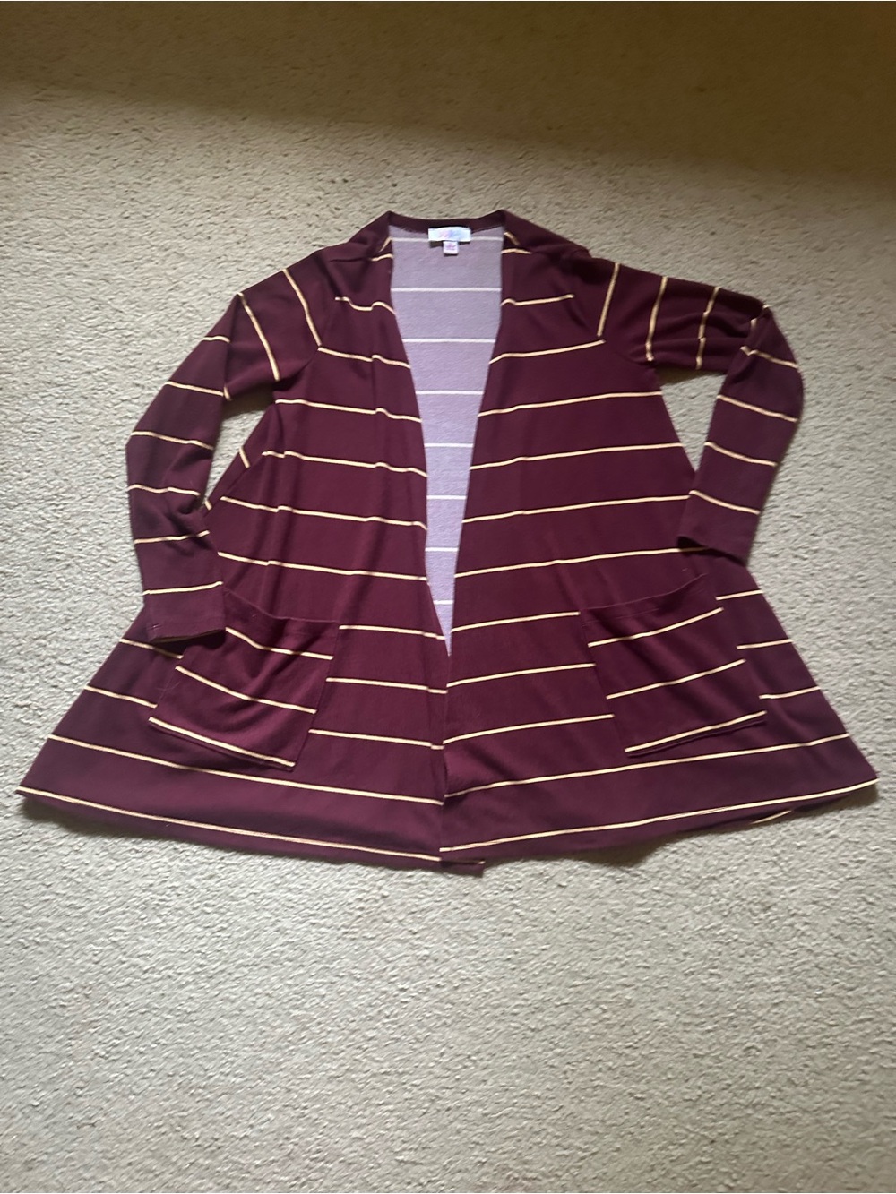 LuLaRoe Burgundy Cardigan with Cream Stripes